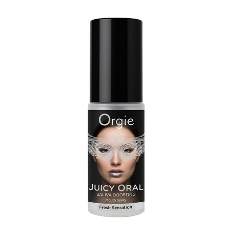Orgie Juicy Oral speekselversterkende mondspray munt 15 ml in zwarte sprayflacon met gezichtlabel