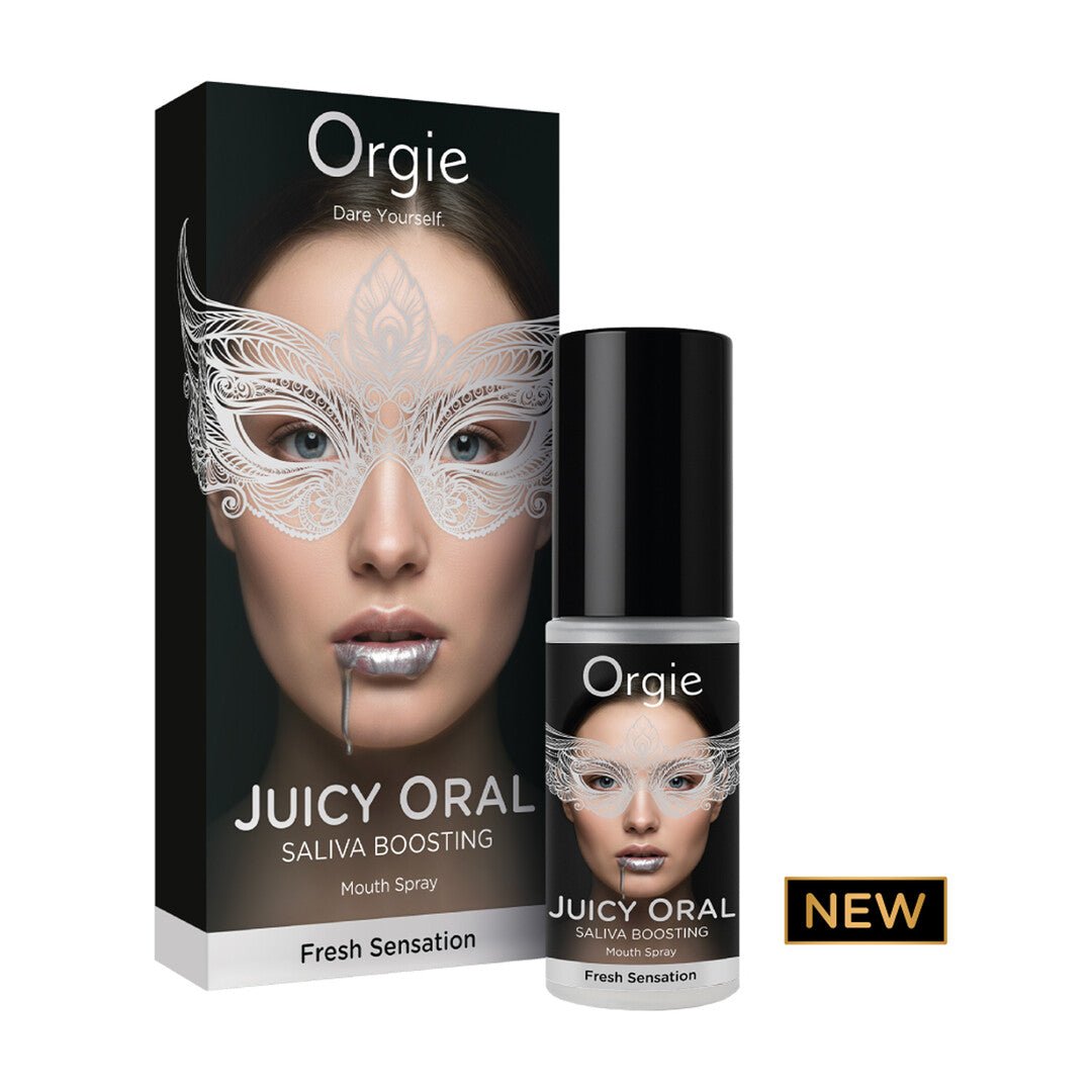 Orgie Juicy Oral mondspray munt als set met zwarte doos, sprayflacon en kleine productverpakking