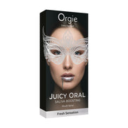 Zwarte doos van Orgie Juicy Oral mondspray munt met zilverkleurig gezicht op het frontlabel