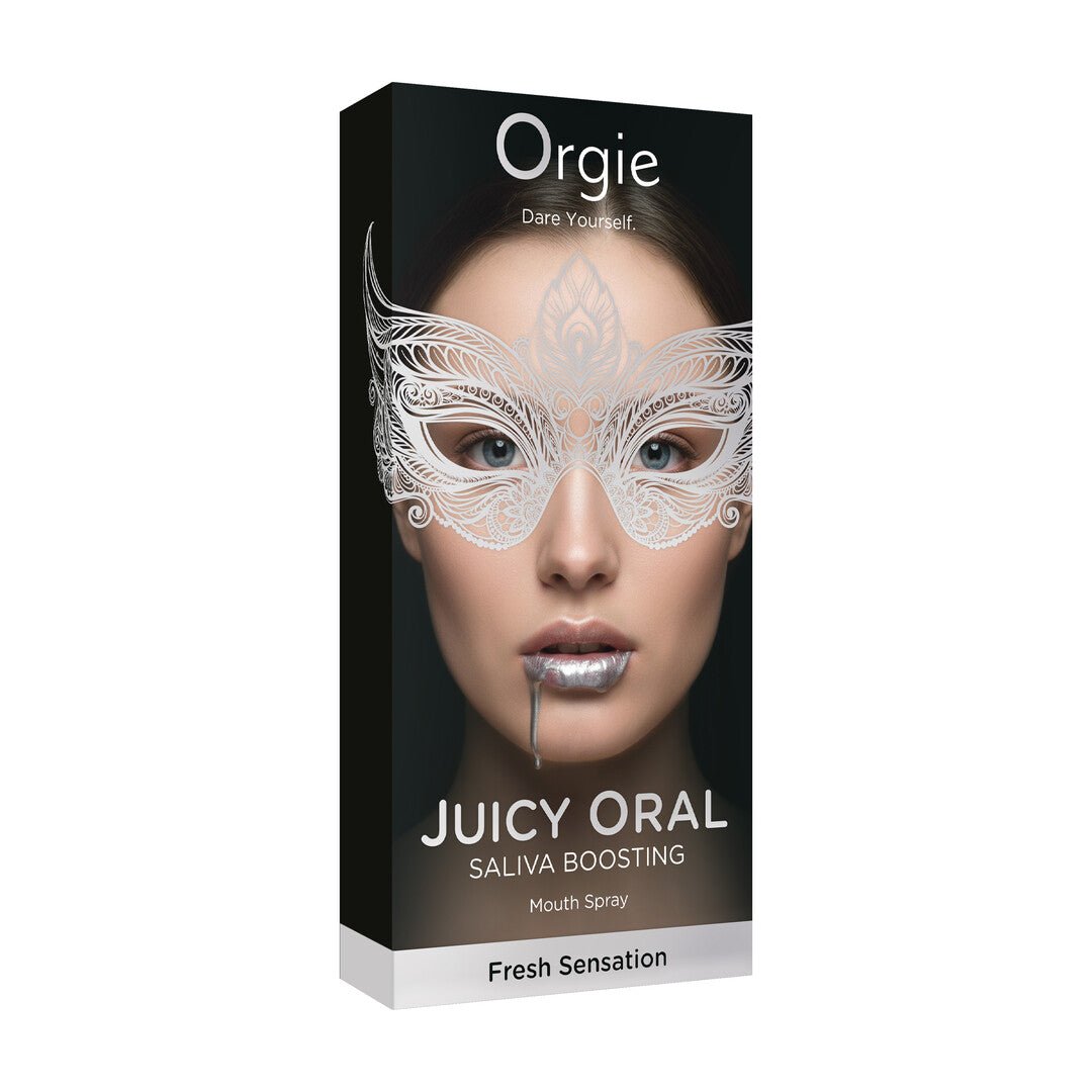 Zwarte doos van Orgie Juicy Oral mondspray munt met zilverkleurig gezicht op het frontlabel