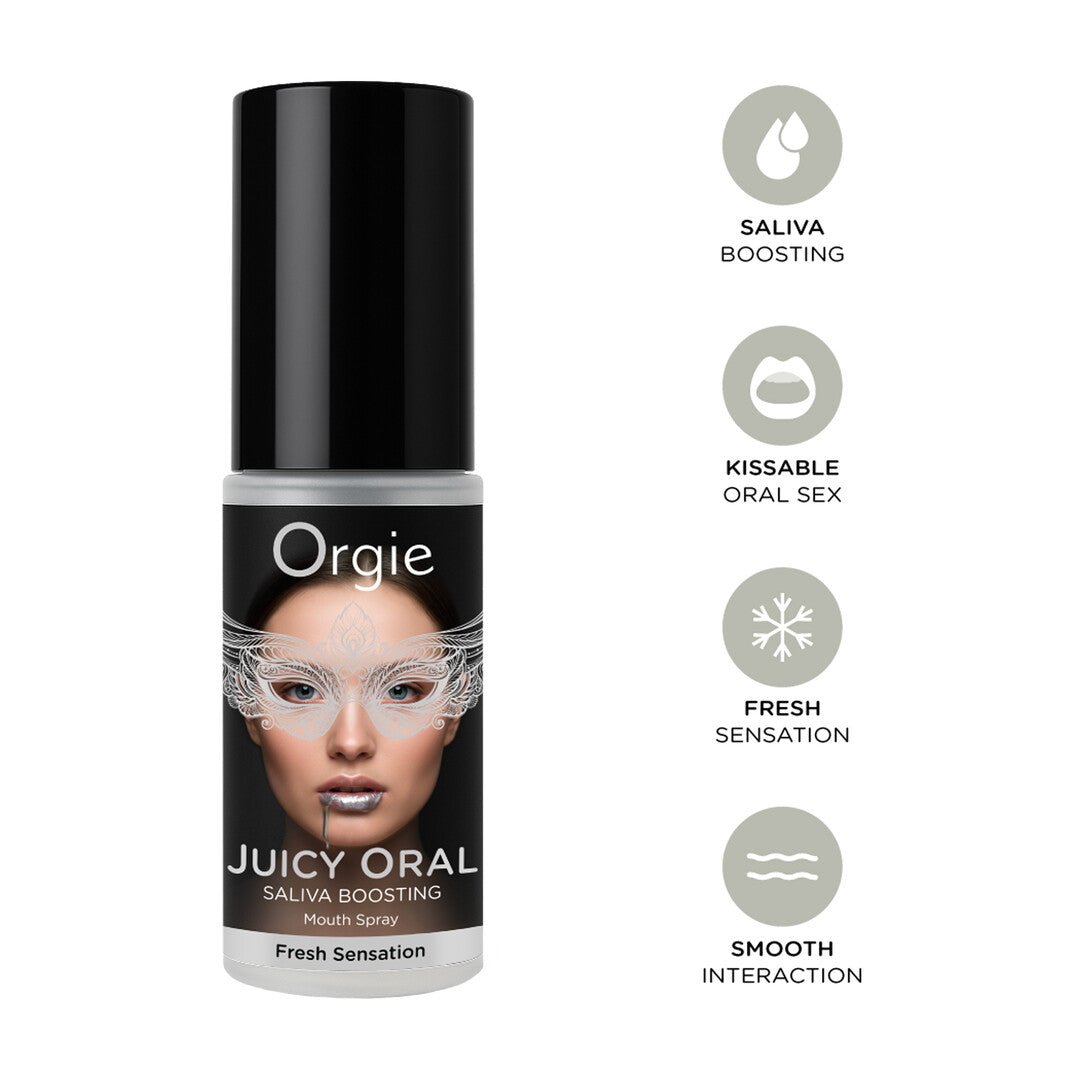Zwarte Orgie Juicy Oral mondspray munt 15 ml met grijze producticonen op witte achtergrond