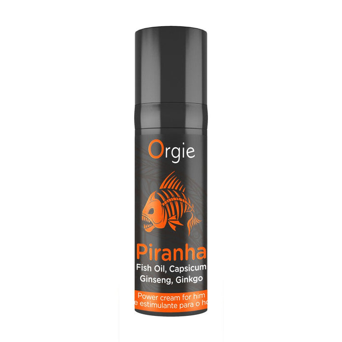 Orgie Piranha Power Cream voor hem 15 ml in zwarte flacon met oranje label op witte achtergrond