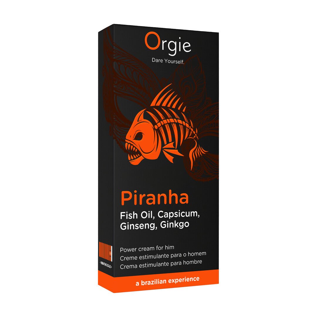 Zwarte verpakking van Orgie Piranha Power Cream voor hem 15 ml met oranje piranha detail