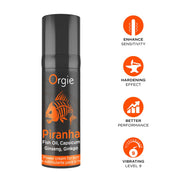 Orgie Piranha Power Cream voor hem 15 ml naast oranje producticonen op een witte achtergrond