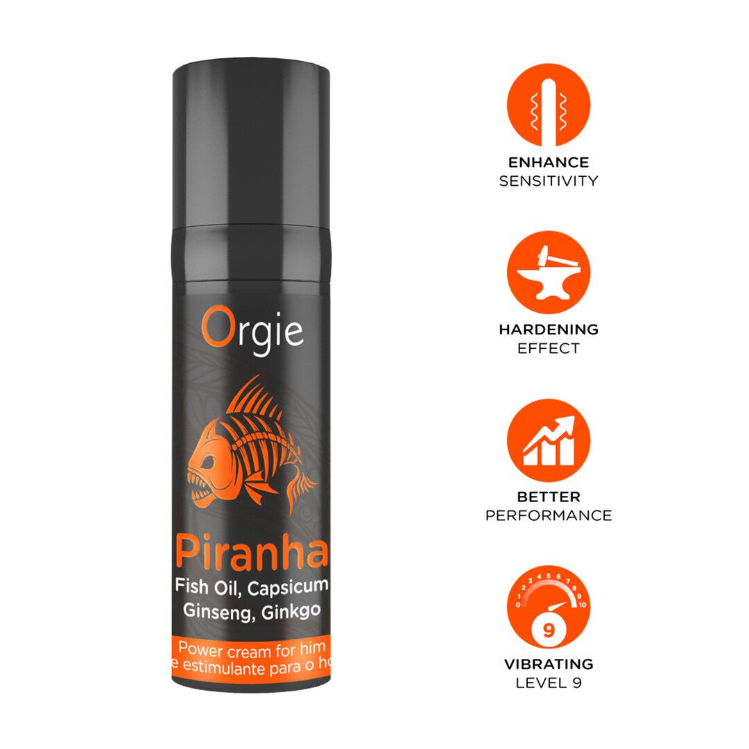 Orgie Piranha Power Cream voor hem 15 ml naast oranje producticonen op een witte achtergrond