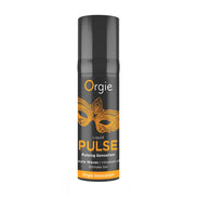 Orgie Liquid Pulse intieme gel Ice Caramel, zwarte flacon met oranje maskerdesign op witte achtergrond.