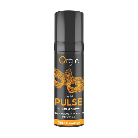 Orgie Liquid Pulse intieme gel Ice Caramel, zwarte flacon met oranje maskerdesign op witte achtergrond.