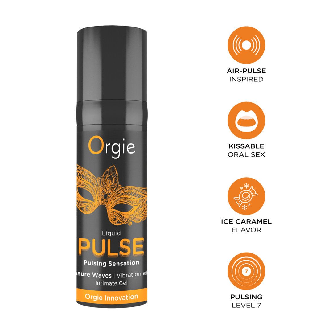 Orgie Liquid Pulse flacon naast iconen voor air pulse, kissable, Ice Caramel en pulsing level 7.