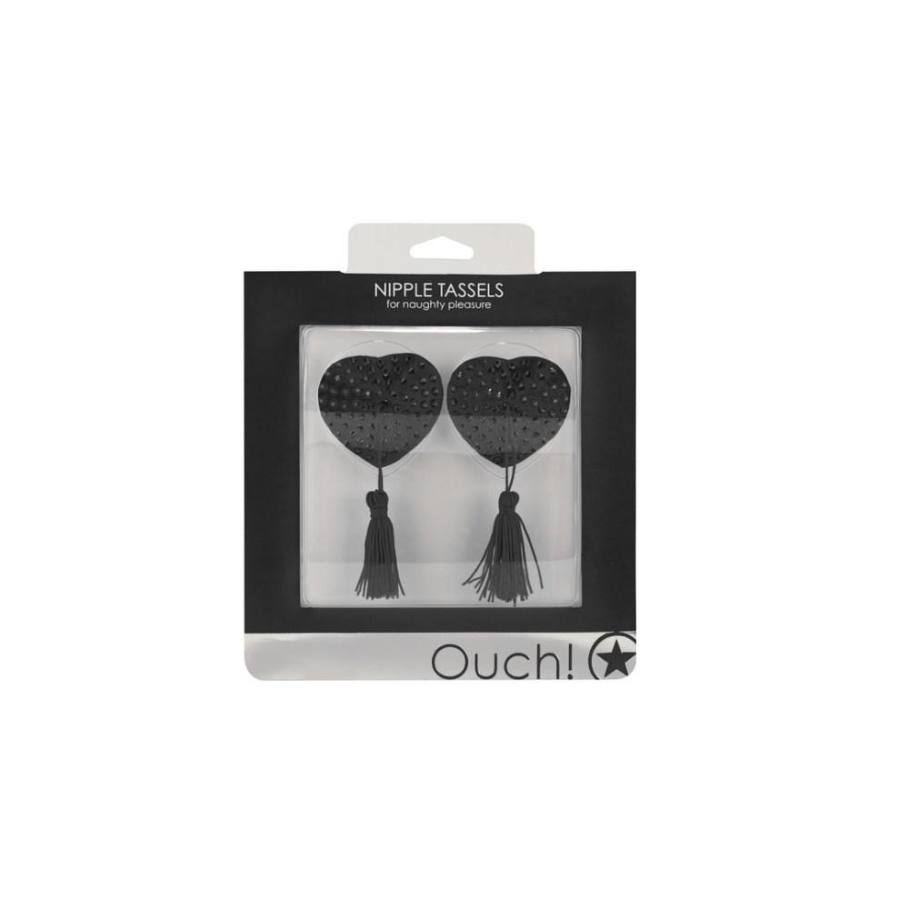Verpakking van Ouch! hartvormige zwarte tepelhangers met kwastjes, luxe body jewelry set
