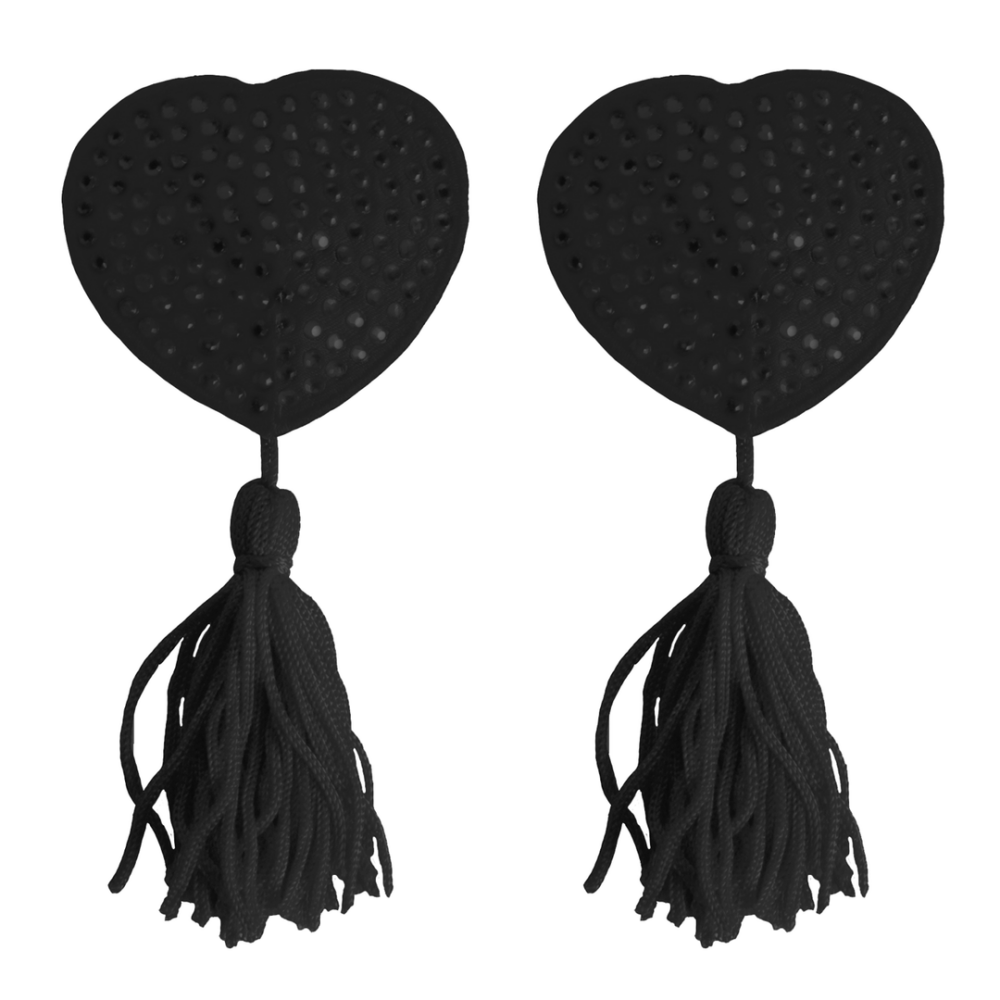 Zwarte hartvormige tepelhangers met kwastjes van Ouch!, stijlvol en speels accessoire voor lingerie momenten