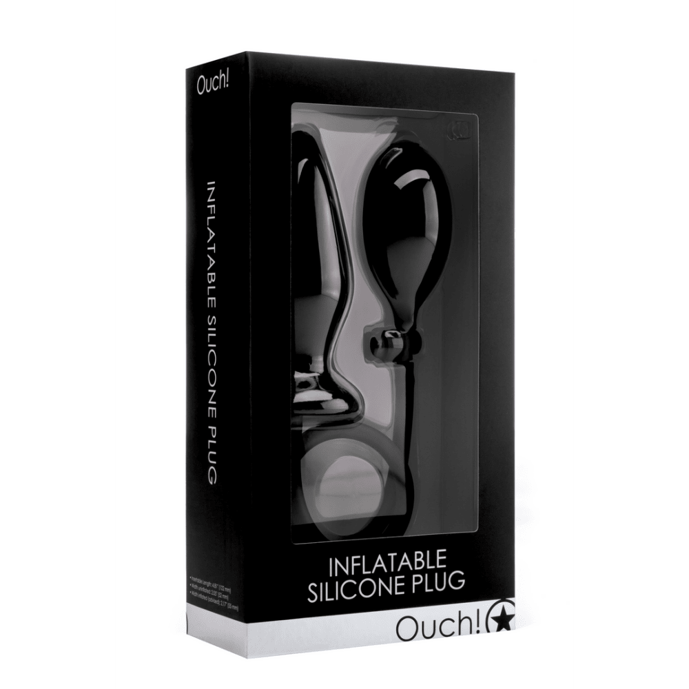 Ouch! by Shots opblaasbare siliconen plug zwart in productverpakking, zwarte doos met productfoto.