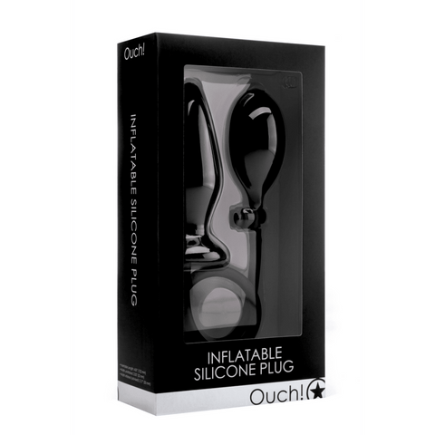 Ouch! by Shots opblaasbare siliconen plug zwart in productverpakking, zwarte doos met productfoto.
