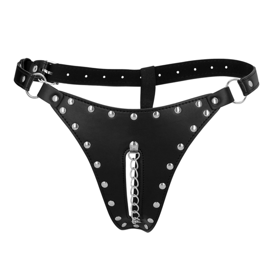 Keuschheitsstring aus PU-Leder mit Kettendetail - Schwarz