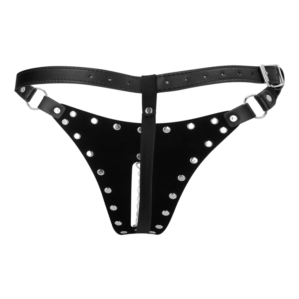 Keuschheitsstring aus PU-Leder mit Kettendetail - Schwarz