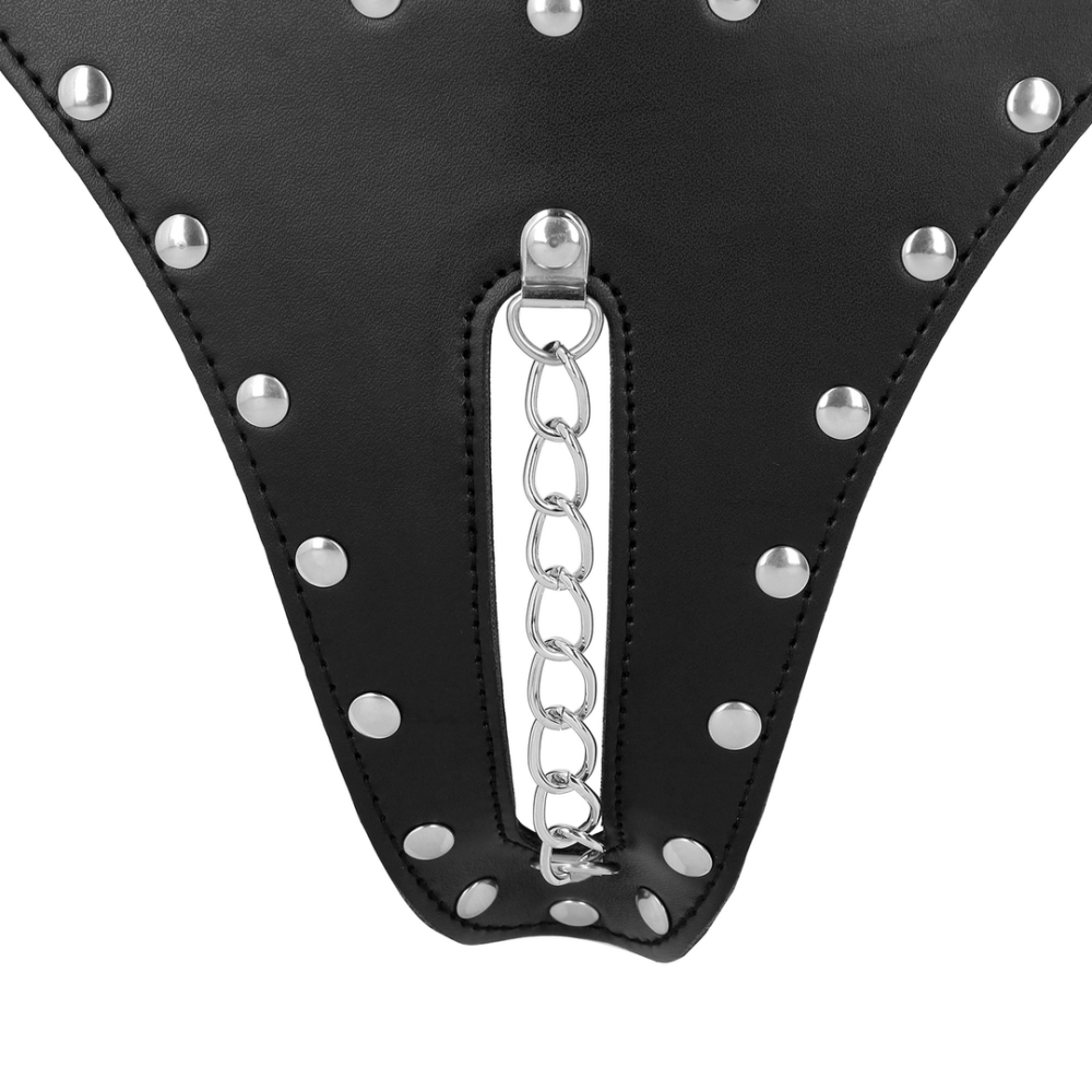 Keuschheitsstring aus PU-Leder mit Kettendetail - Schwarz