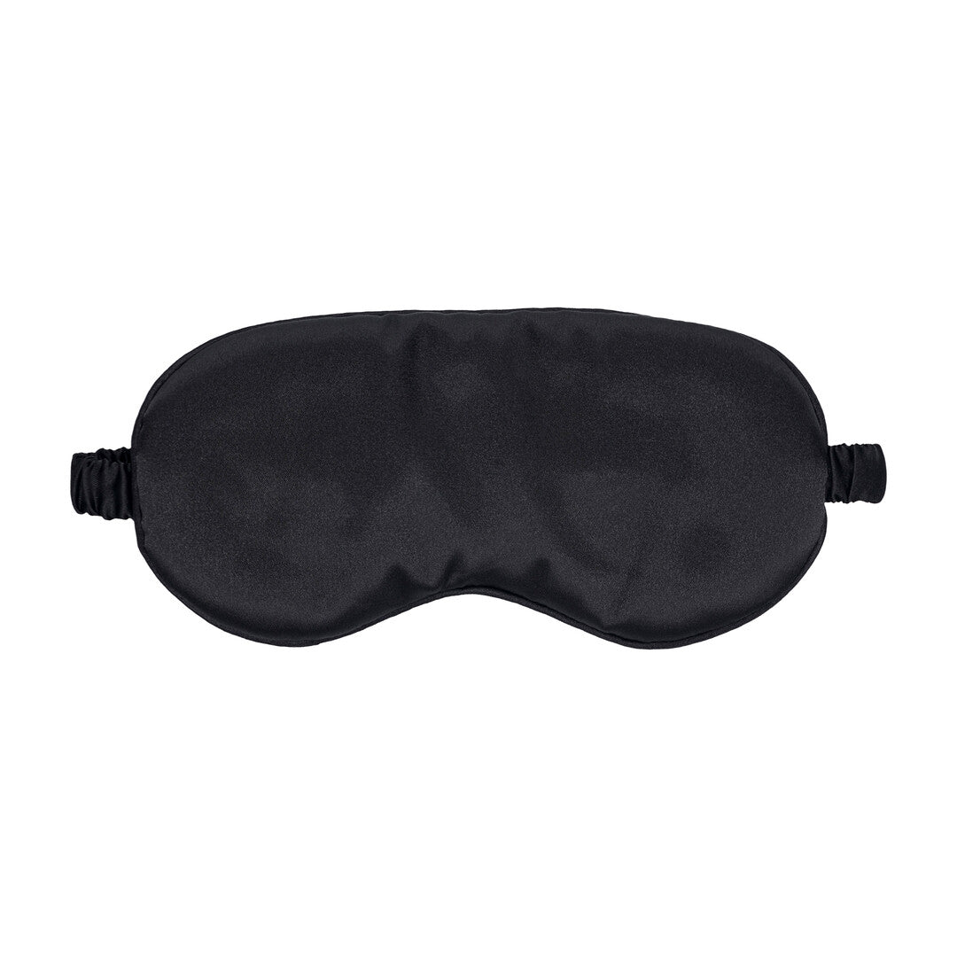 Ouch! by Shots Satin Mask Zwart, vooraanzicht op witte achtergrond met gladde satijnglans en elastische bandjes