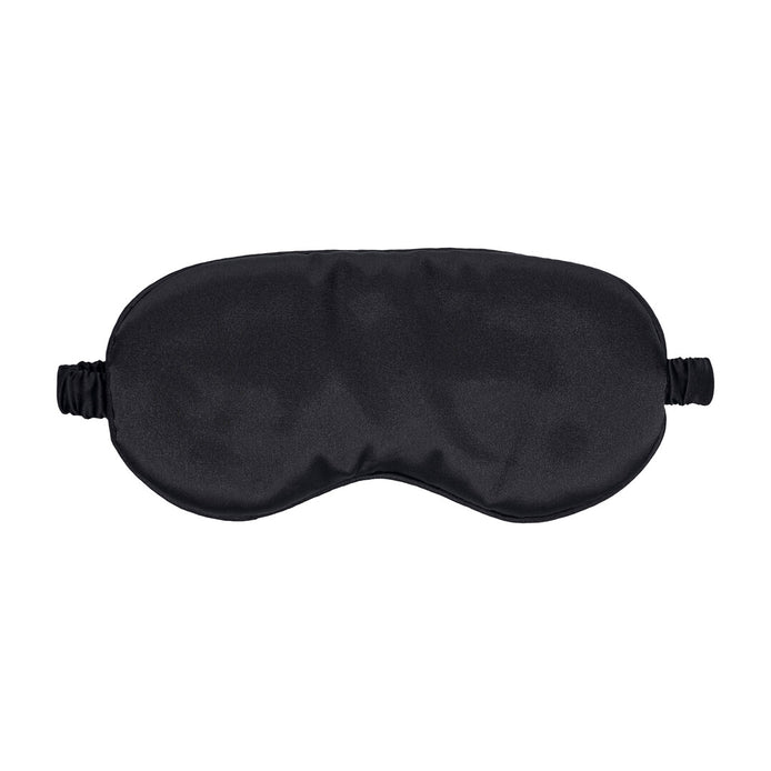 Ouch! by Shots Satin Mask Zwart, vooraanzicht op witte achtergrond met gladde satijnglans en elastische bandjes