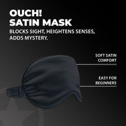 Ouch! by Shots Satin Mask Zwart, productverpakking met close-up van het masker op donkere studioachtergrond