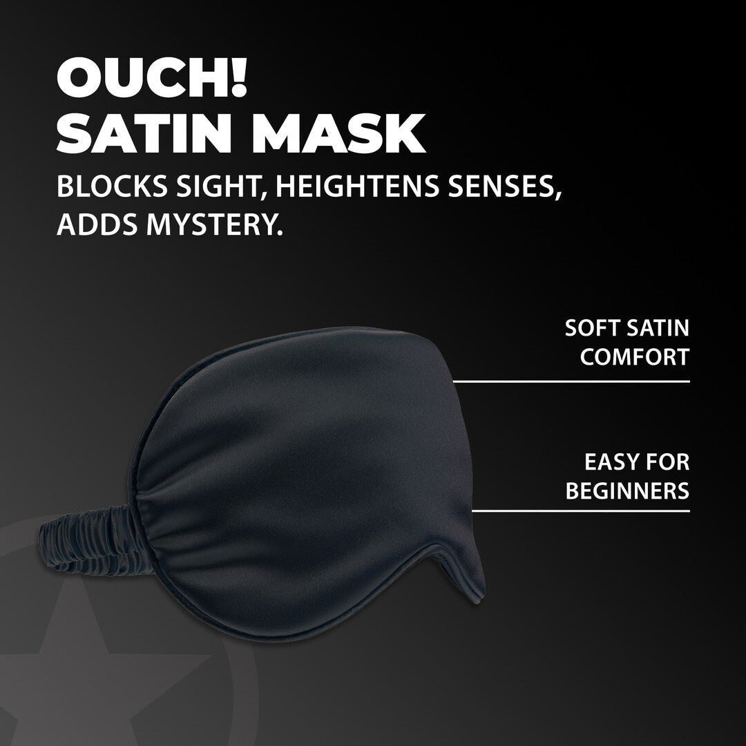 Ouch! by Shots Satin Mask Zwart, productverpakking met close-up van het masker op donkere studioachtergrond