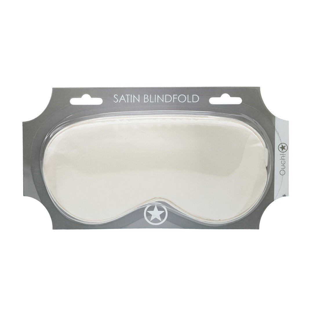 Ouch! by Shots Satin Mask goud in blisterverpakking, close-up van de gladde satijnen afwerking in zachte goudtint
