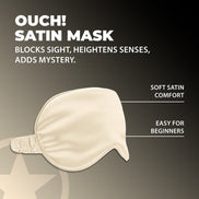 Ouch! by Shots Satin Mask goud, productverpakking met masker op donkere studio-achtergrond in warme goudtinten