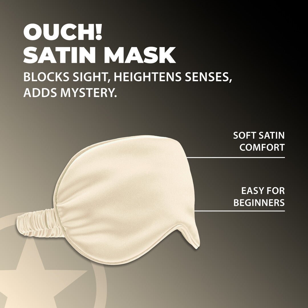 Ouch! by Shots Satin Mask goud, productverpakking met masker op donkere studio-achtergrond in warme goudtinten