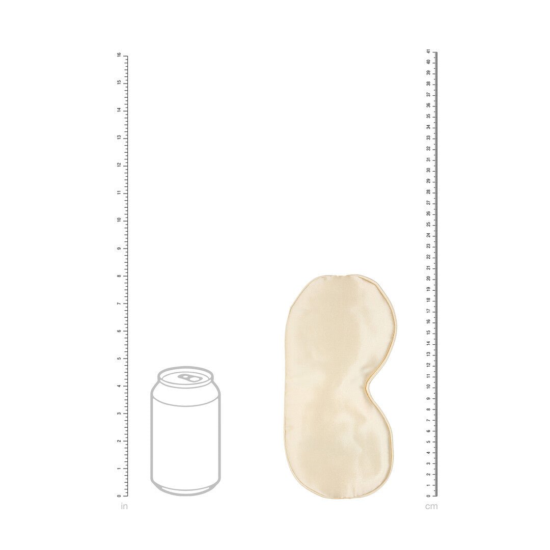 Ouch! by Shots Satin Mask goud, productweergave met afmetingen op witte achtergrond en elegante satijnen vorm in profiel