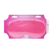 Ouch! by Shots Satin Mask Roze in transparante blisterverpakking, frontaal getoond op een lichte studio-achtergrond