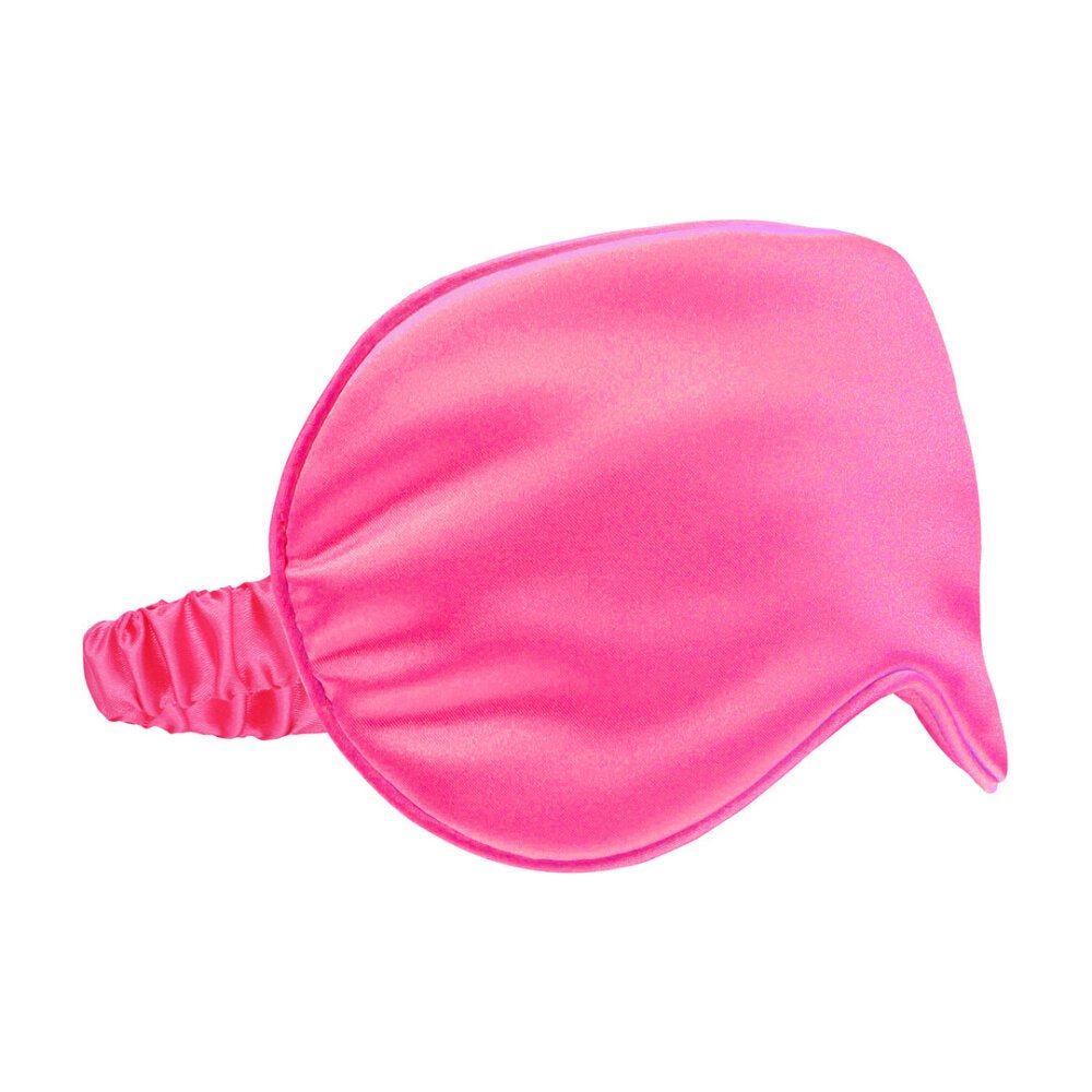 Ouch! by Shots Satin Mask Roze, schuin zijaanzicht op witte achtergrond met satijnglans, plooival en elastische band