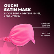 Ouch! by Shots Satin Mask Roze, verpakking in vooraanzicht met productvisual en donkerroze studio-opmaak
