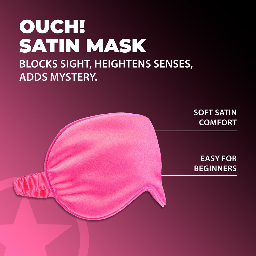 Ouch! by Shots Satin Mask Roze, verpakking in vooraanzicht met productvisual en donkerroze studio-opmaak