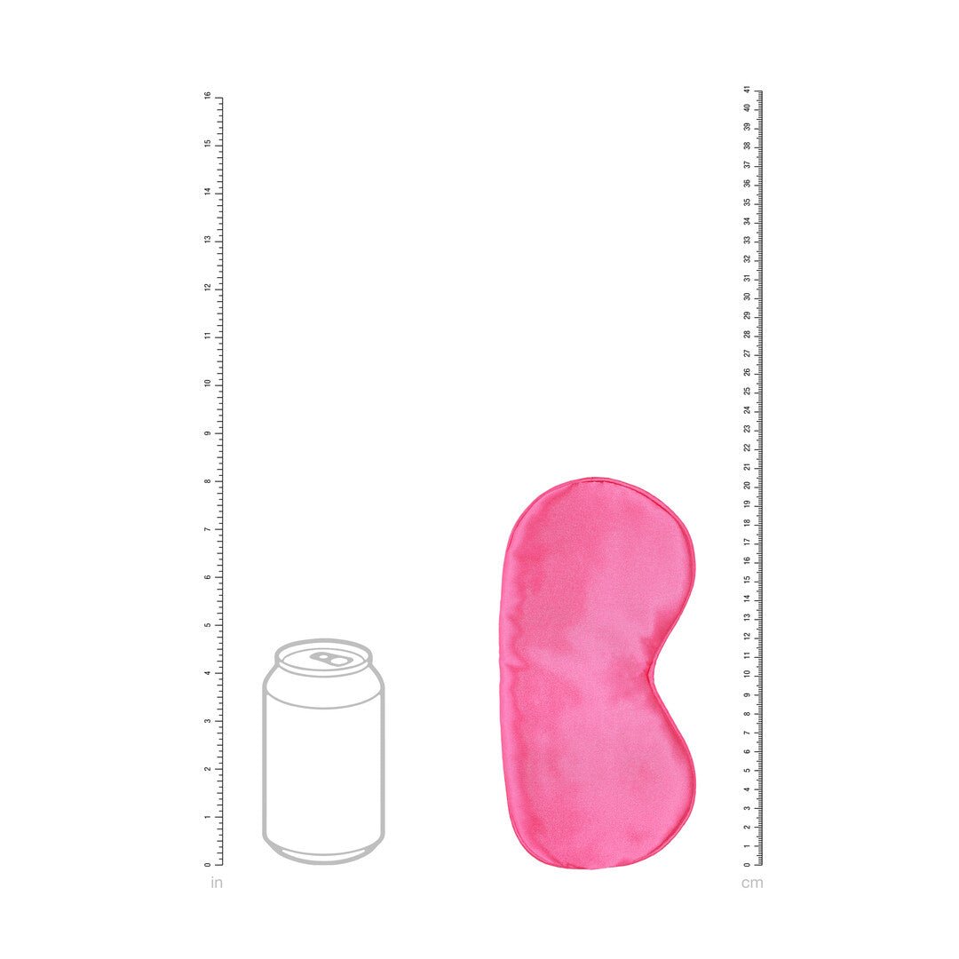 Ouch! by Shots Satin Mask Roze, verticale productweergave met maatindicatie op een heldere witte achtergrond
