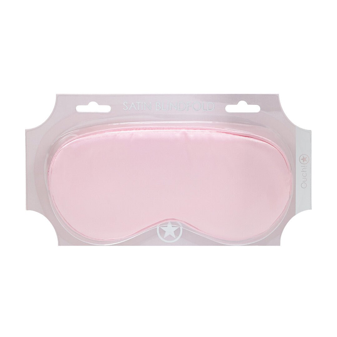 Ouch! by Shots Satin Mask poederroze in transparante blisterverpakking, frontaal weergegeven op witte achtergrond