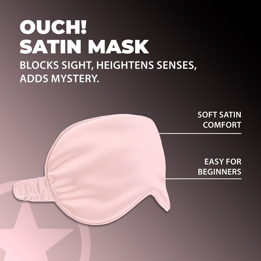 Ouch! by Shots Satin Mask poederroze, verpakking voorzijde met productvisual en donkere studio-achtergrond