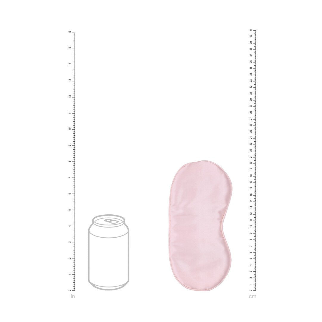Ouch! by Shots Satin Mask poederroze, smalle productweergave met afmetingen naast het masker op witte achtergrond
