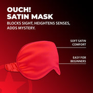 Ouch! by Shots Satin Mask rood op de productverpakking, frontaal afgebeeld tegen een donkere studio-achtergrond
