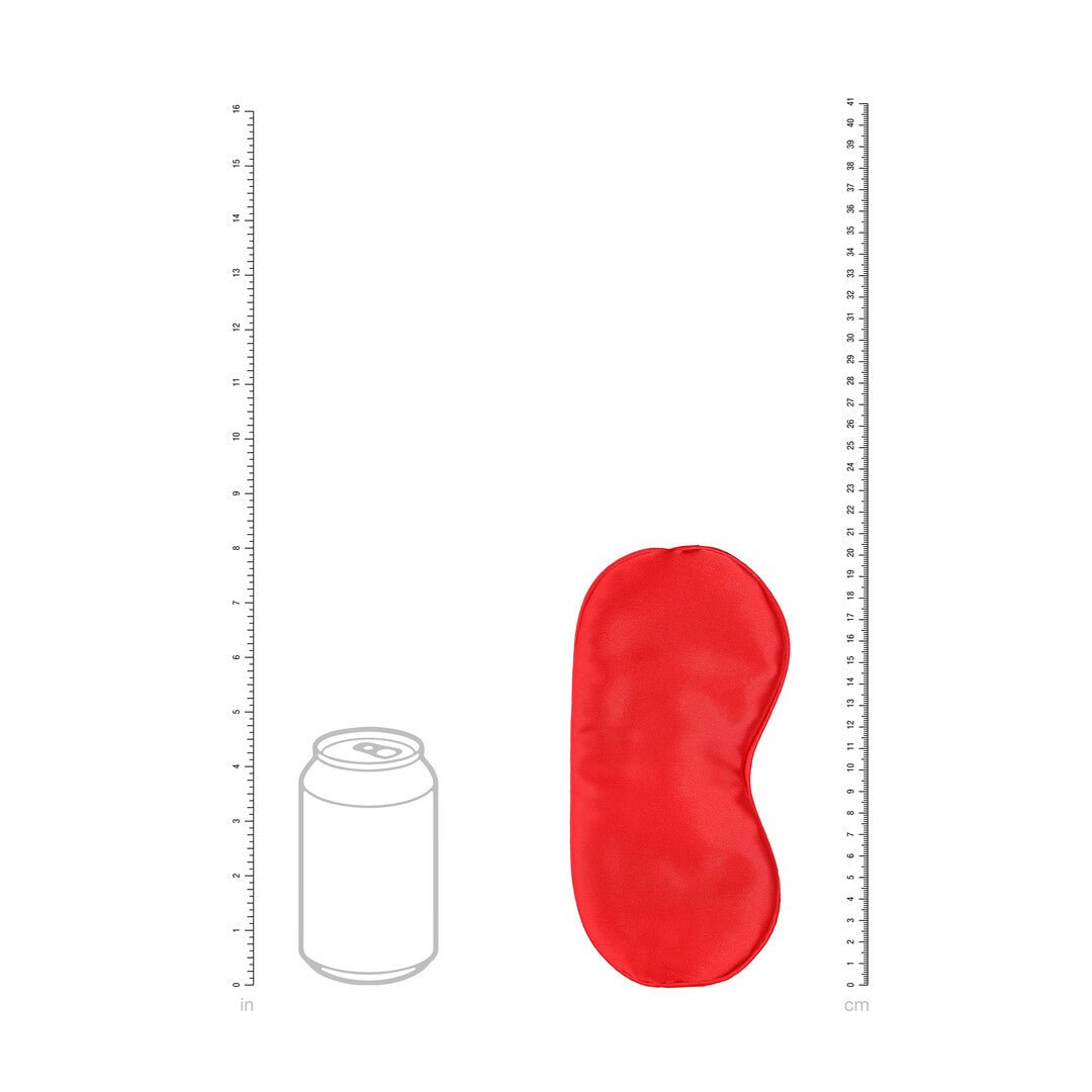 Ouch! by Shots Satin Mask rood in maatweergave tussen verticale meetlijnen, verticaal getoond op witte achtergrond
