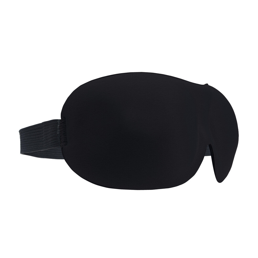 Ouch! by Shots 3D Mask zwart, zijaanzicht op witte achtergrond met afgeronde vorm, matte afwerking en zwarte band