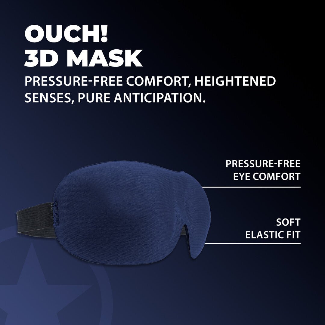 Ouch! by Shots 3D Blinddoek marineblauw, productverpakking met donkere studio-opmaak en close-up van het masker.