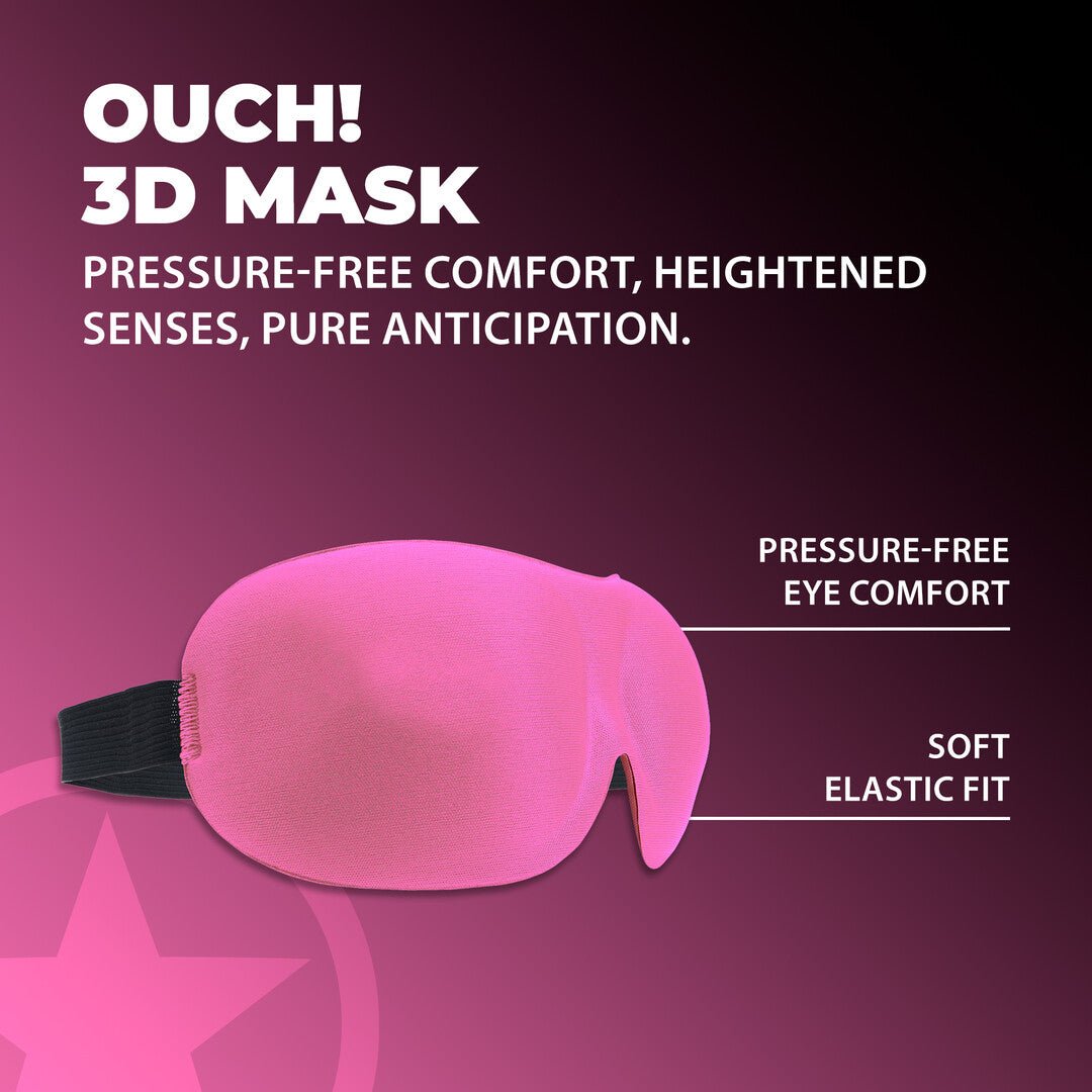 Ouch! by Shots 3D Mask roze, productverpakking in zwart en roze met maskerbeeld op de voorzijde tegen donkere achtergrond
