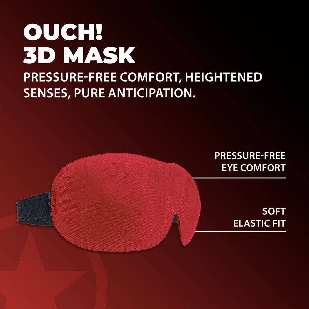 Ouch! by Shots 3D Mask blinddoek rood, productverpakking in zwart en rood met rode blinddoek op de voorzijde
