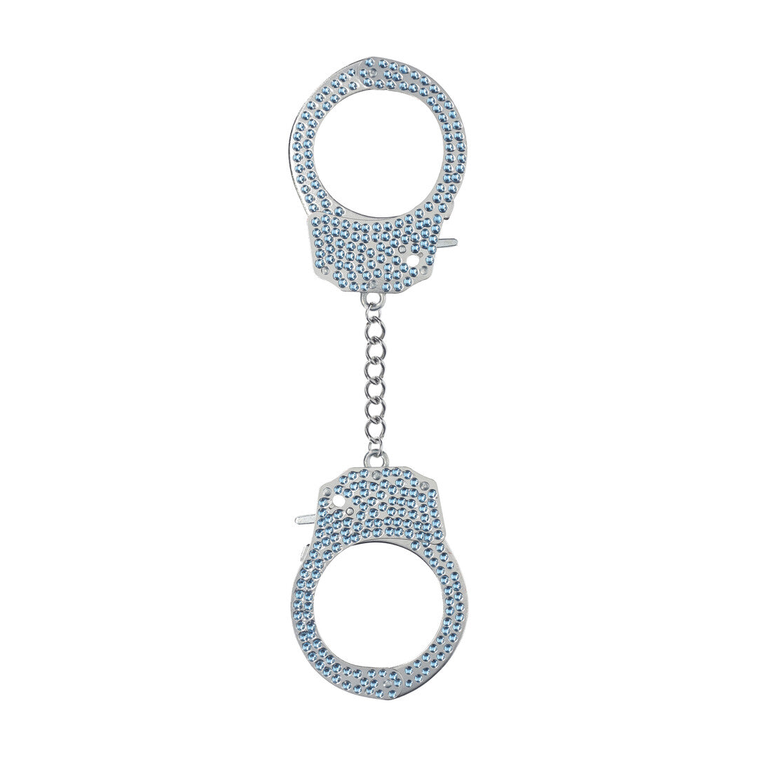 Ouch! Diamond Handboeien in blauw, volledig bezet met fonkelende steentjes, verbonden door een metalen ketting