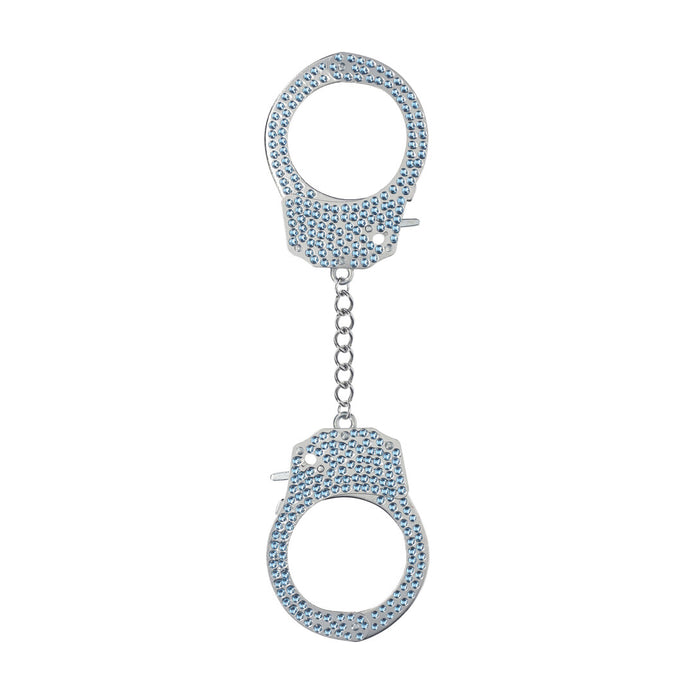Ouch! Diamond Handboeien in blauw, volledig bezet met fonkelende steentjes, verbonden door een metalen ketting