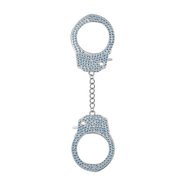 Ouch! Diamond Handboeien in blauw, volledig bezet met fonkelende steentjes, verbonden door een metalen ketting