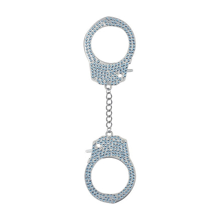 Ouch! Diamond Handboeien in blauw, volledig bezet met fonkelende steentjes, verbonden door een metalen ketting