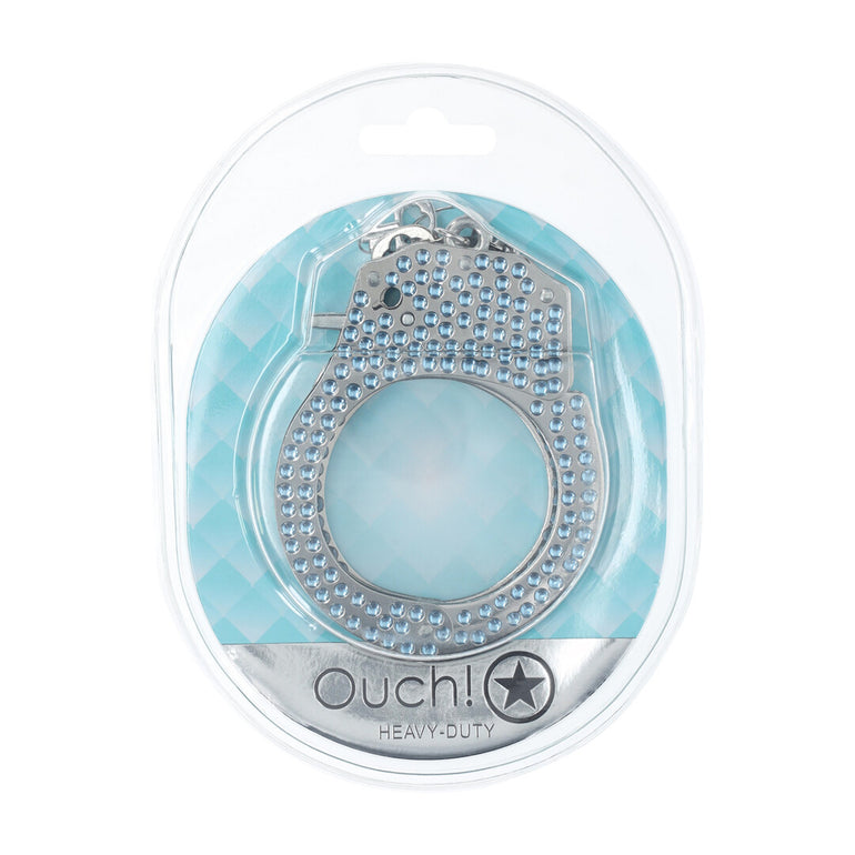 Verpakking van de Ouch! Heavy-Duty Diamond Handboeien in blauw, in doorzichtige blisterverpakking