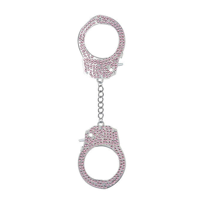 Ouch! Diamond Handboeien in roze, volledig bezet met fonkelende steentjes, verbonden door een metalen ketting