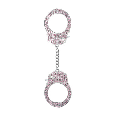 Ouch! Diamond Handboeien in roze, volledig bezet met fonkelende steentjes, verbonden door een metalen ketting