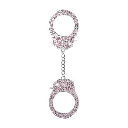 Ouch! Diamond Handboeien in roze, volledig bezet met fonkelende steentjes, verbonden door een metalen ketting