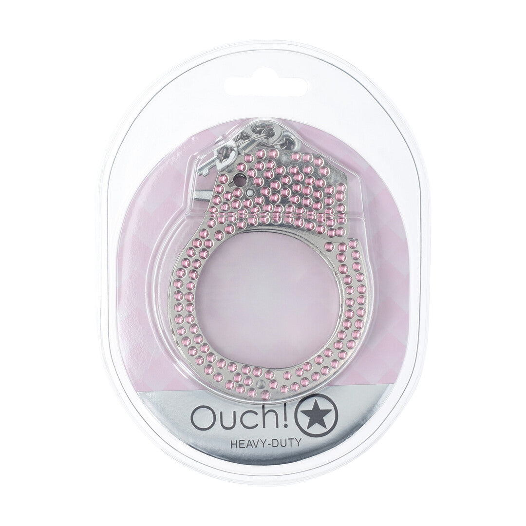 Verpakking van de Ouch! Heavy-Duty Diamond Handboeien in roze, in doorzichtige blisterverpakking